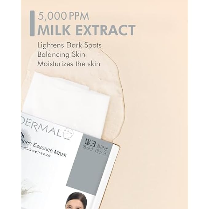 DERMAL MILK COLLAGEN ESSENCE FACIAL MASK SHEET 23G PACK OF 10 - SKIN SOFT & ELASTIC, NOURISHING AND MOISTURIZING, DAILY SKIN TREATMENT SOLUTION SHEET MASK - Image 3